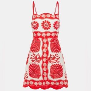 NEW FARM RIO Ainika Shell Red White Square Neck Scalloped 100% Linen Medium